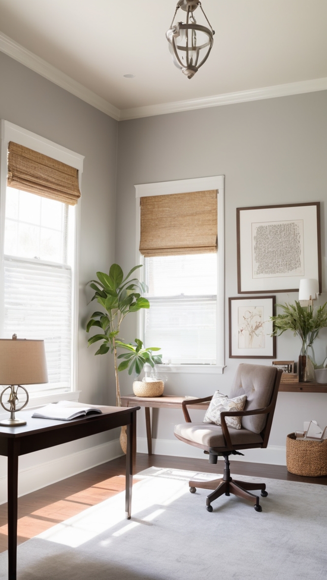warm neutral paint,
professional office decor, 
interior design inspiration, 
timeless office style, 
workspace color scheme