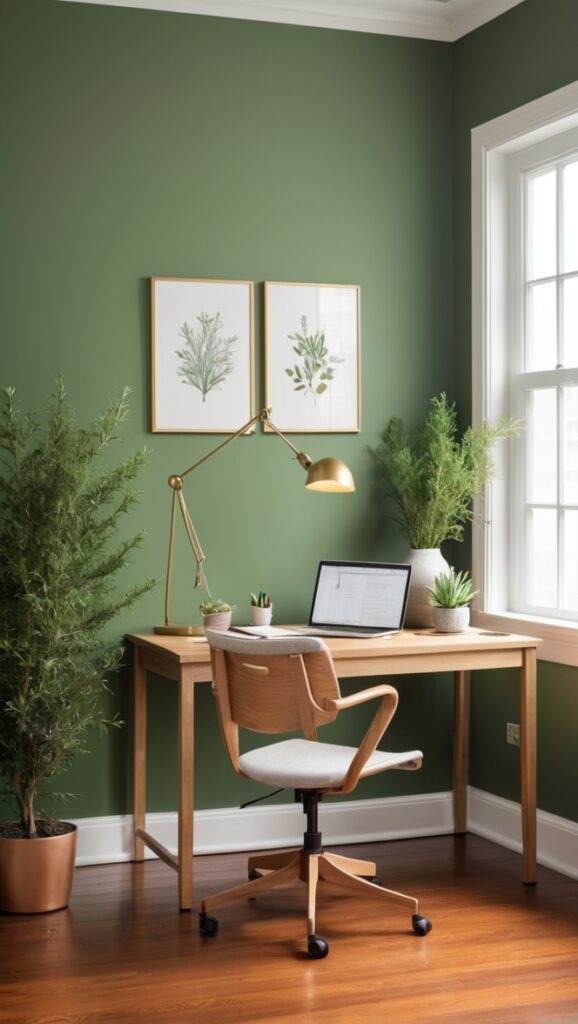 Rosemary green paint, Decorate office with rosemary green, Green accent wall ideas, Office wall color ideas, Rosemary wall paint