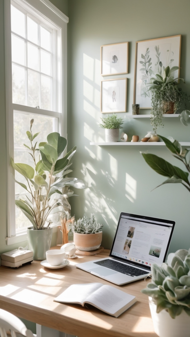 home office decor, sage green workspace, personalized desk setup, calming office design, stylish work space