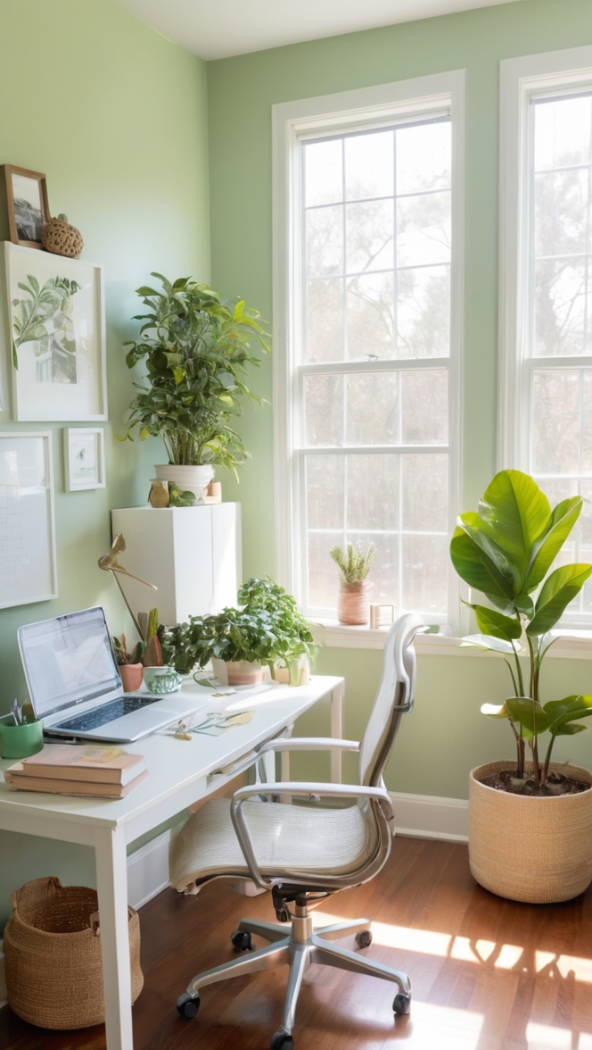 home office decor, calming workspace, green office design, tranquility at work, serene workspace