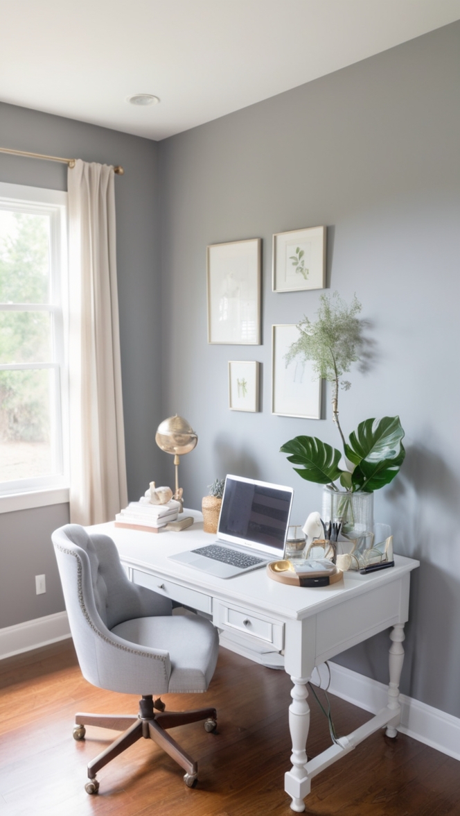 Grey wall decor, Home office makeover, Modern office design, Stylish office accessories, Office renovation ideas