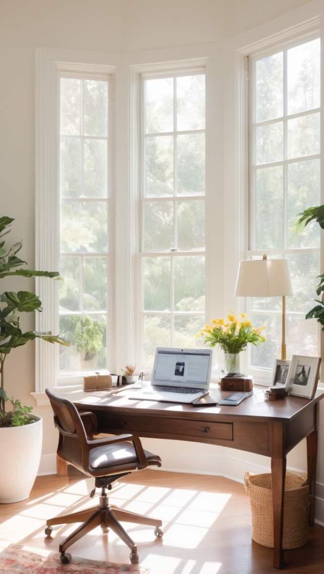 Home office design, Natural light benefits, Window office ideas, Bright workspace, Sun-drenched workspace