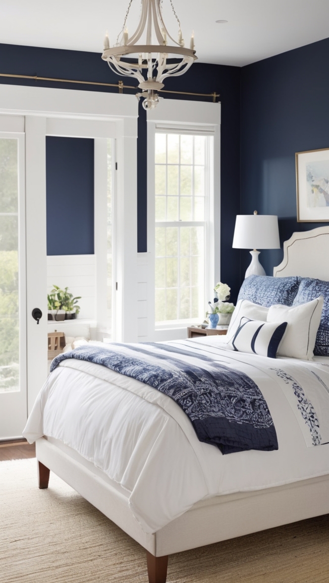 Navy blue decor, Navy bedroom ideas, White bedroom design, Coastal bedroom decor, Nautical bedroom theme