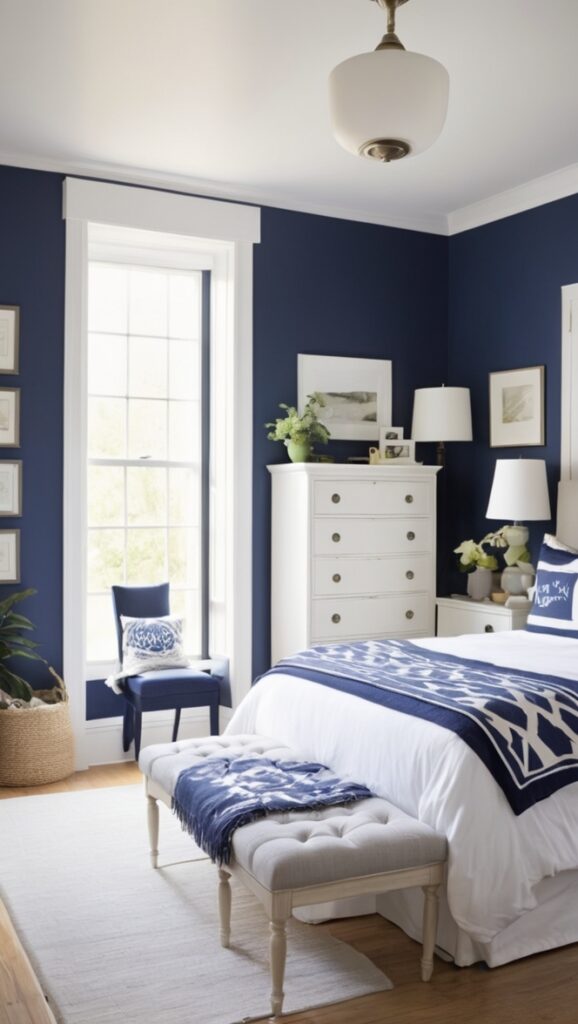 Navy blue decor, Navy bedroom ideas, White bedroom design, Coastal bedroom decor, Nautical bedroom theme