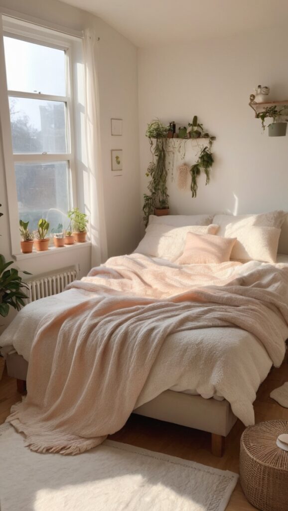 cozy bedroom decor, warm bedroom design, comfortable home interior, stylish bedroom atmosphere, inviting bedroom setup