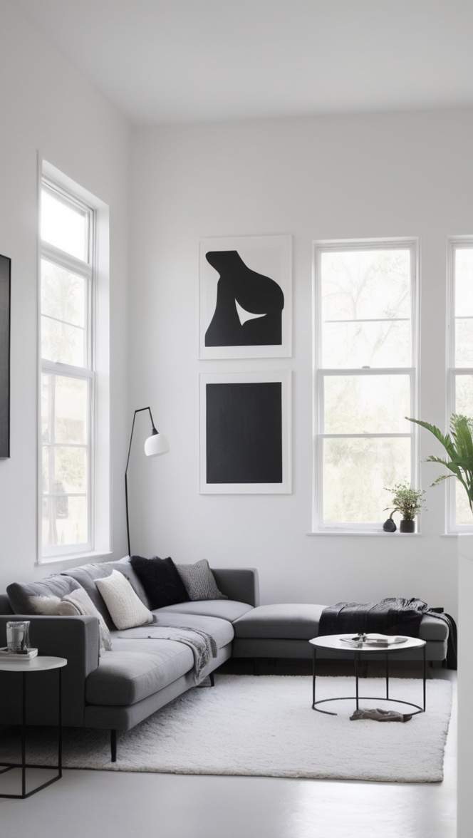 black and white furniture, minimalist home decor, modern minimalist living room, monochrome interior design, simple black and white decor 
