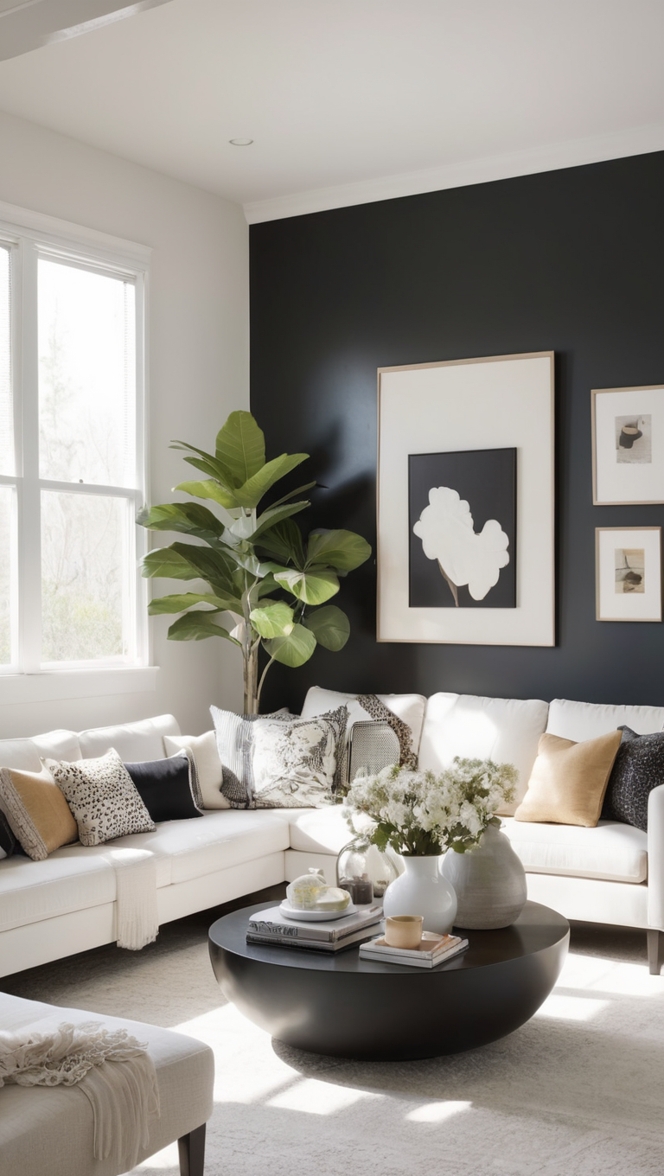 black living room decor, monochrome interior design, modern minimalist furniture, contemporary home decor, sleek black accents