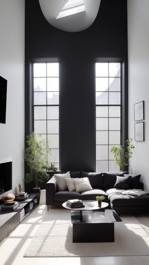 black living room decor, monochrome interior design, modern minimalist furniture, contemporary home decor, sleek black accents