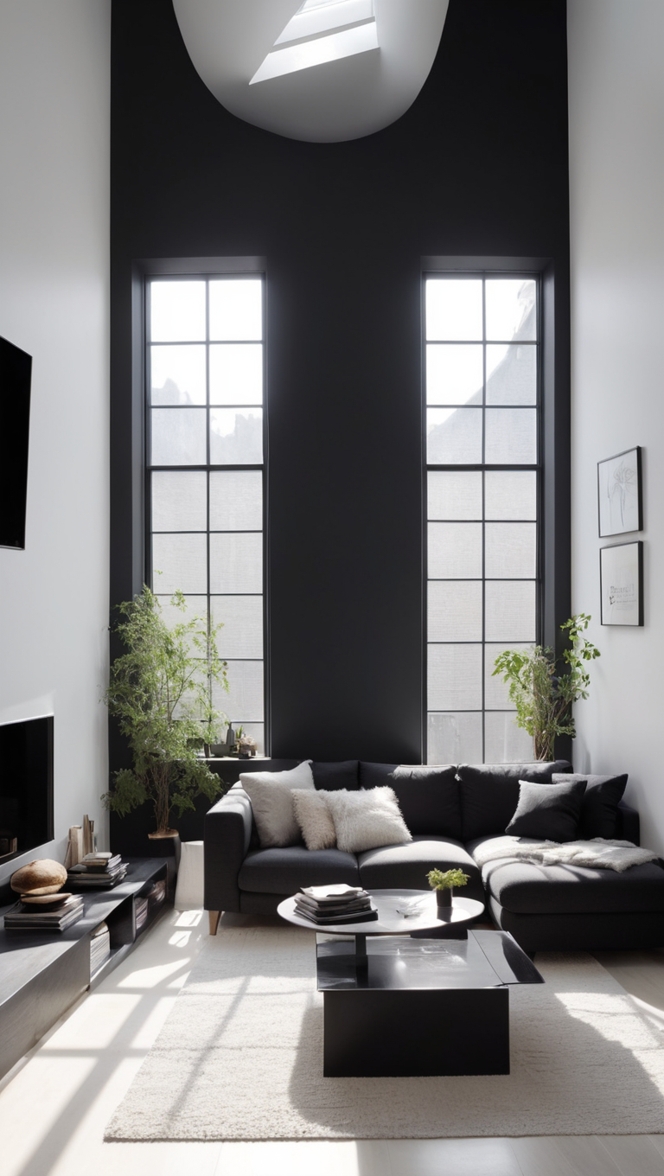 black living room decor, monochrome interior design, modern minimalist furniture, contemporary home decor, sleek black accents 
