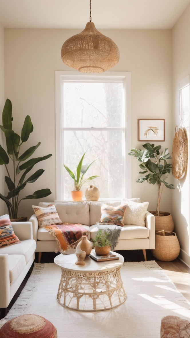 boho decor, modern boho, minimalist style, cozy living room, natural materials