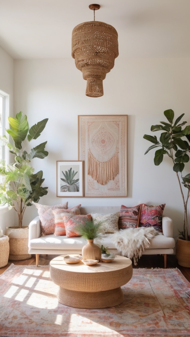 boho decor, modern boho, minimalist style, cozy living room, natural materials 
