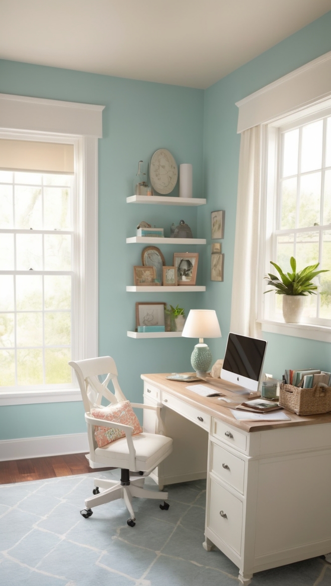 cozy home workspace, comfortable home office setup, stylish home office decor, productive at-home work environment, calming work-from-home space