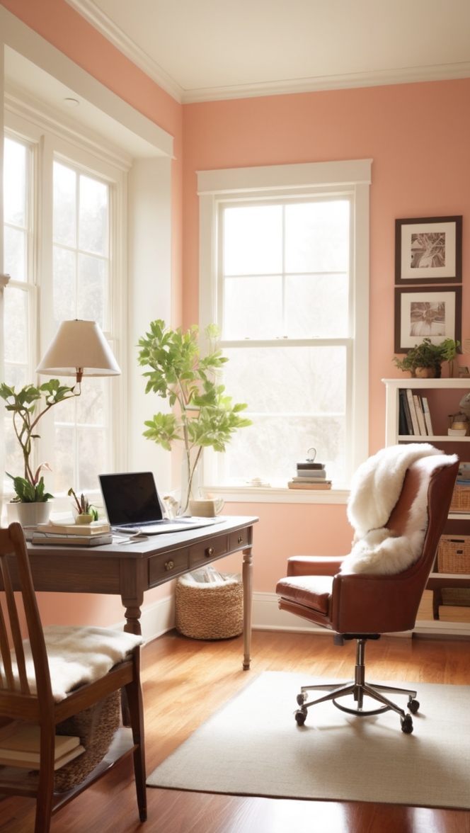 cozy home workspace, comfortable home office setup, stylish home office decor, productive at-home work environment, calming work-from-home space 