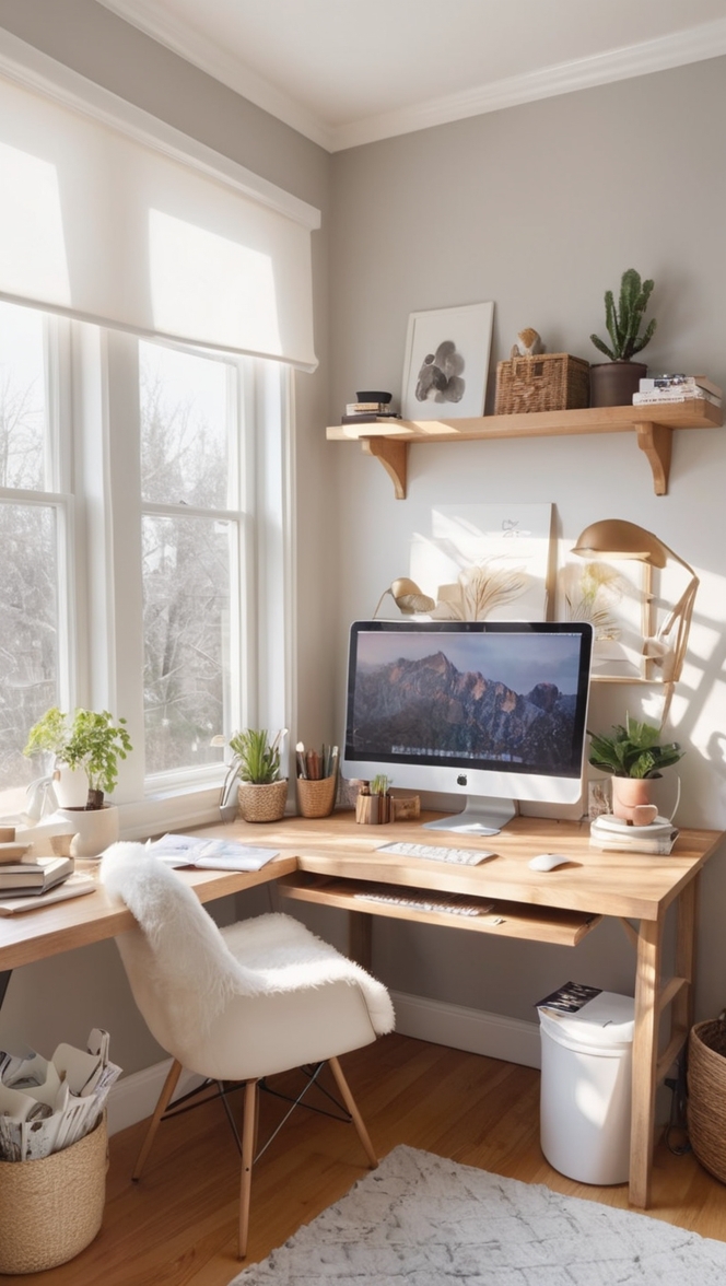 cozy home office setup, comfortable work environment, ergonomic desk accessories, stylish office decor, productive work space 