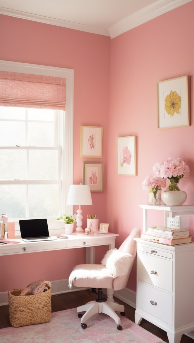 cozy home office decor, pink home office furniture, stylish home office design, feminine home office ideas, modern pink office accessories