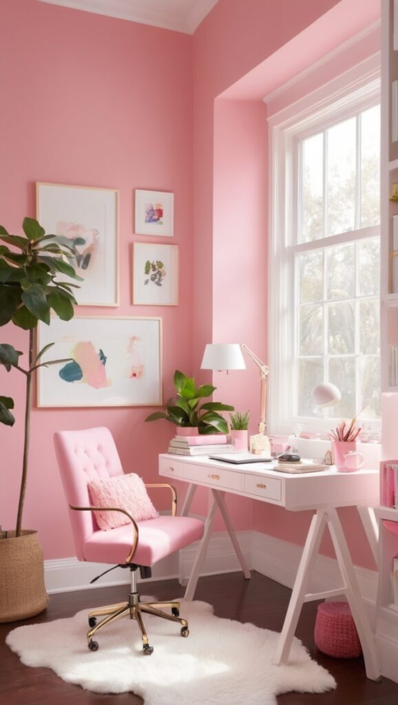 cozy home office decor, pink home office furniture, stylish home office design, feminine home office ideas, modern pink office accessories