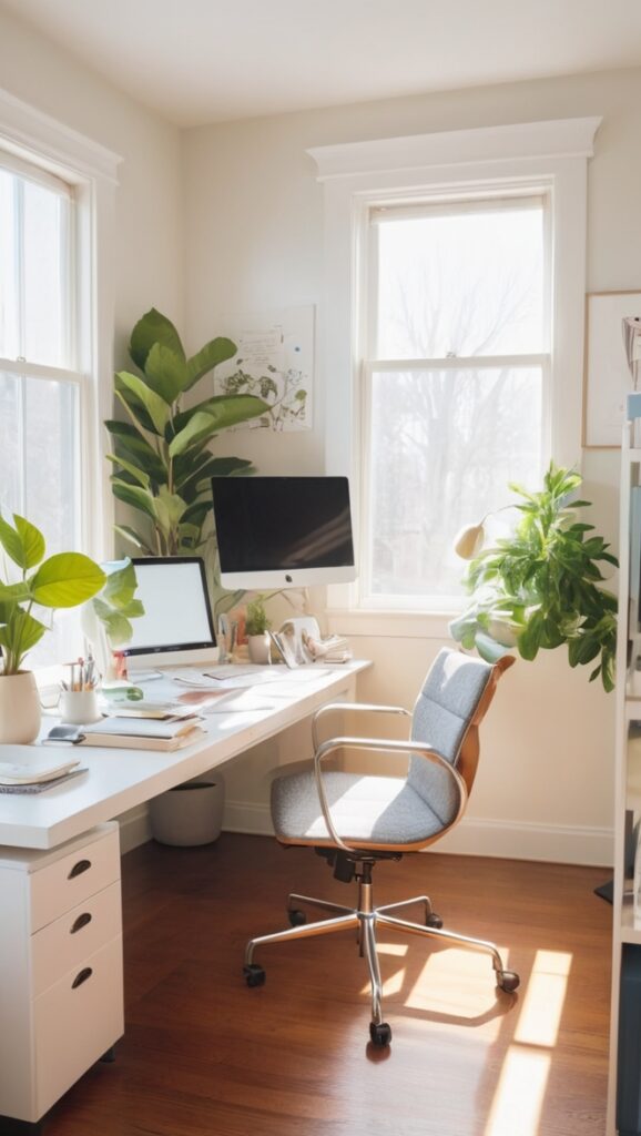 cozy home office design, home workspace setup, comfortable office furniture, cozy work-from-home space, stylish home office decor