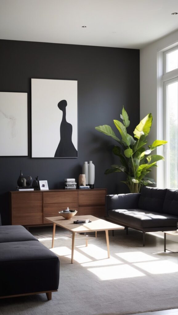 dark living room decor, modern minimalist interior, contemporary home design, stylish apartment ideas, monochromatic room inspiration