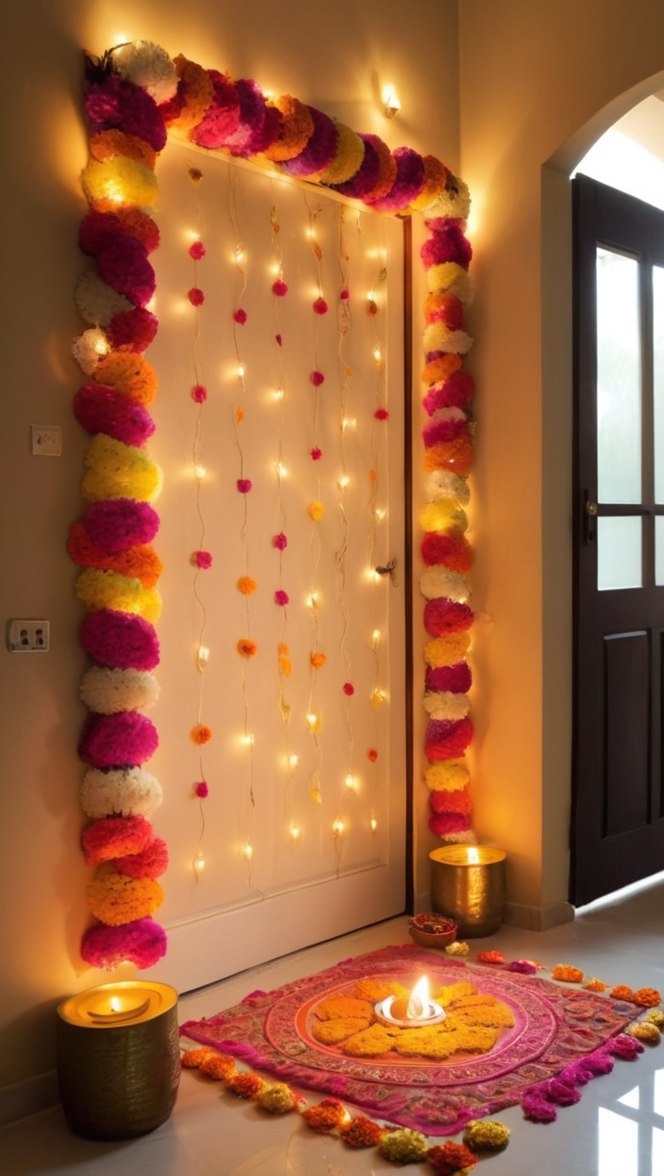 Diwali home decor, Entranceway decorations, Diwali entrance design, Festive home entrance, Diwali house decorations 