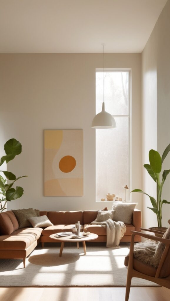 minimalist decor, modern living room, Scandinavian design, natural materials, neutral color palette