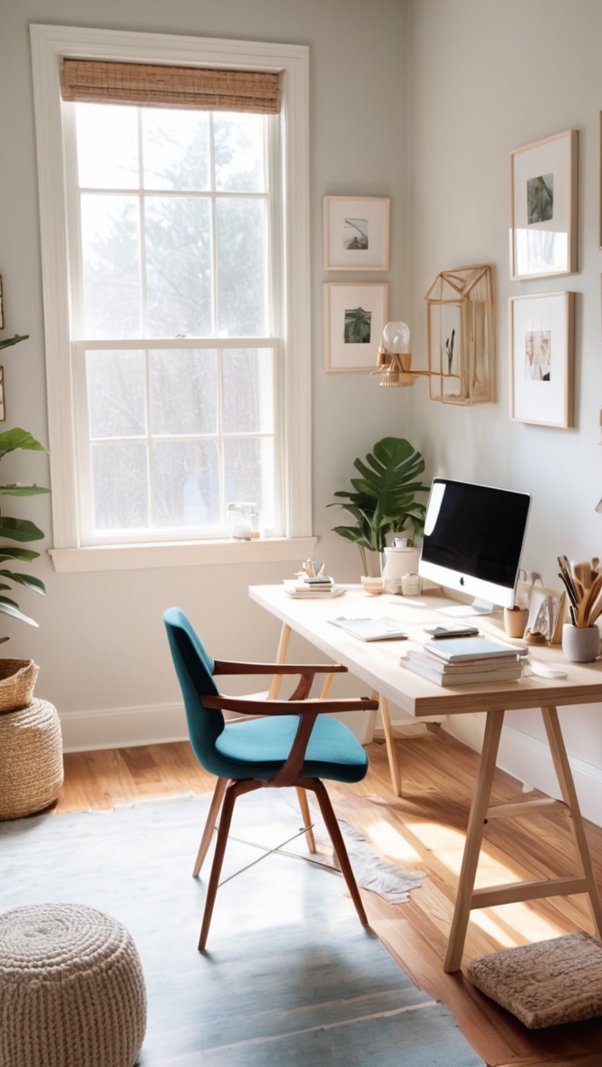 home office decor, cozy workspace, chic desk accessories, stylish office furniture, modern work environment 
