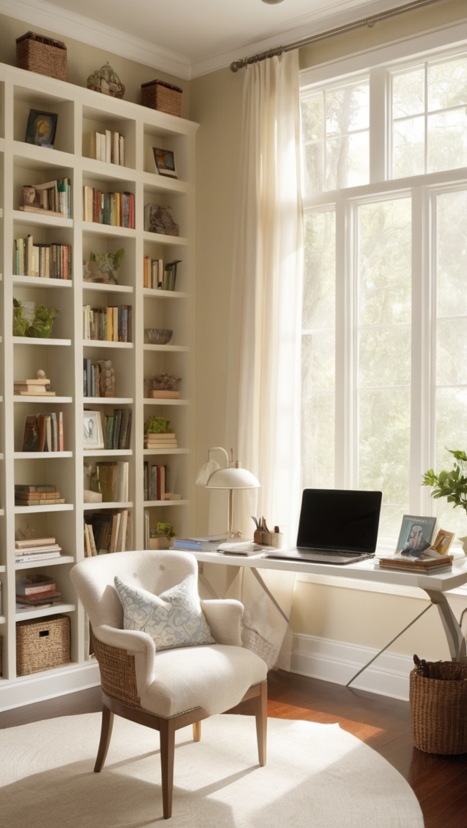 home office design, library decor, cozy workspace, reading nook, study room ideas 