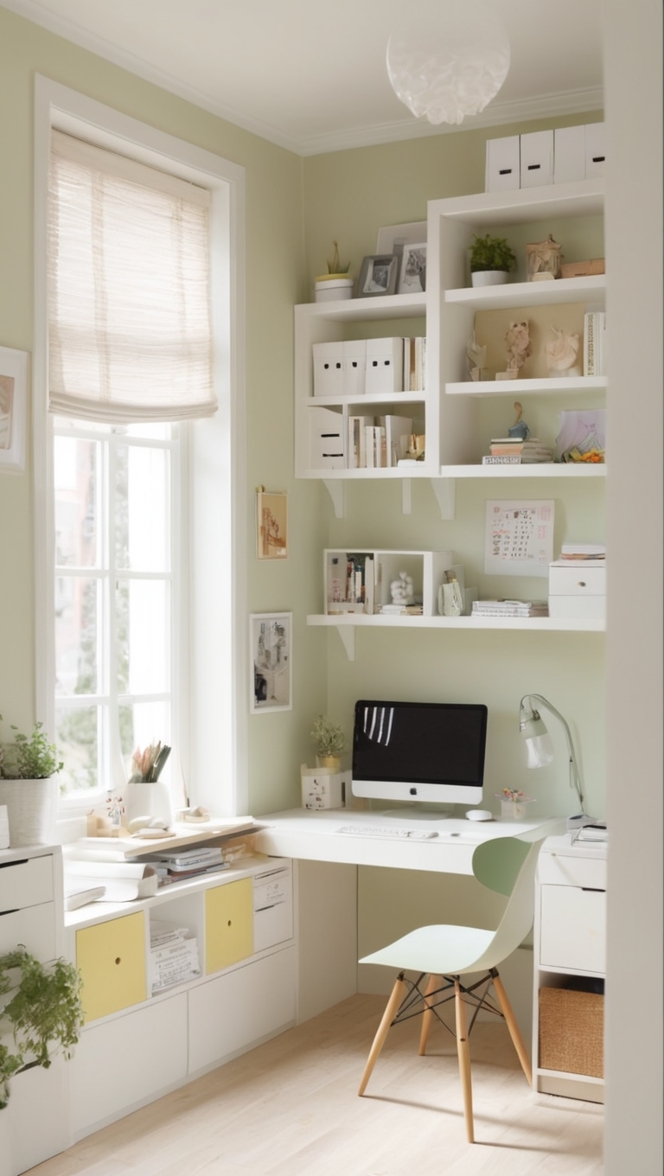 mini home office decor, interior design home office, small office organization, workspace storage ideas, home office setup 