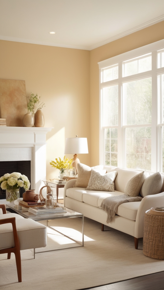 warm neutral colors, simple living room decor, cozy minimalist design, modern home interior, contemporary furniture