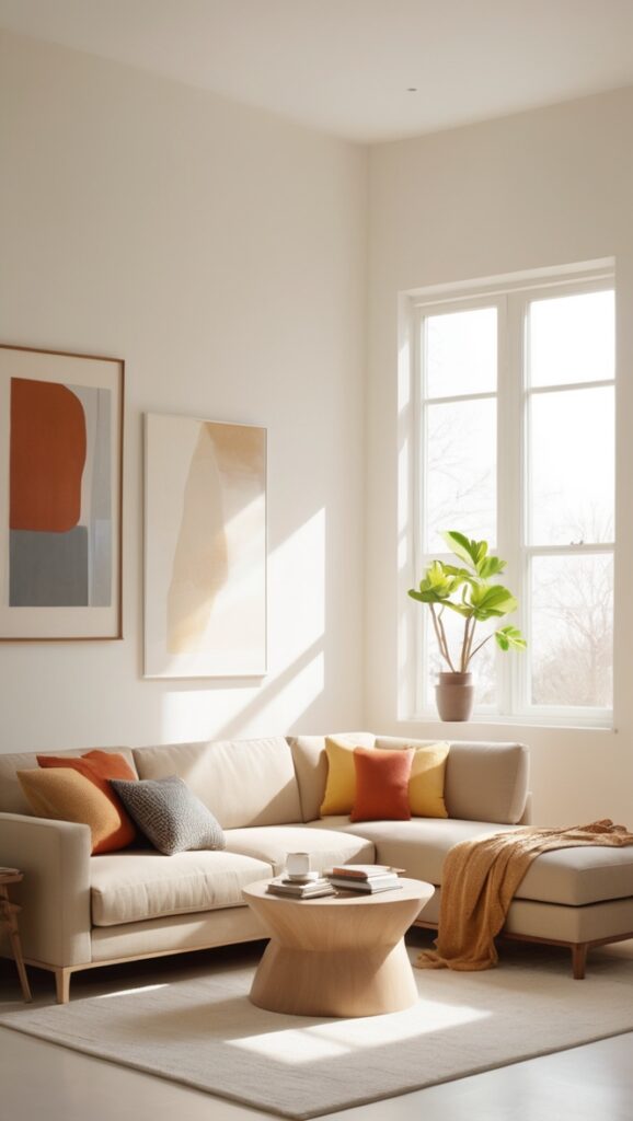 warm neutral colors, simple living room decor, cozy minimalist design, modern home interior, contemporary furniture