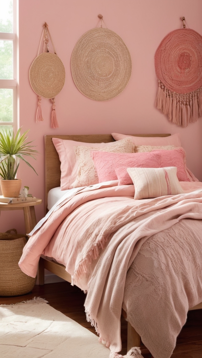 boho style bedroom, pink bedroom decor, boho chic bedding, bohemian bedroom design, pink boho throw pillows