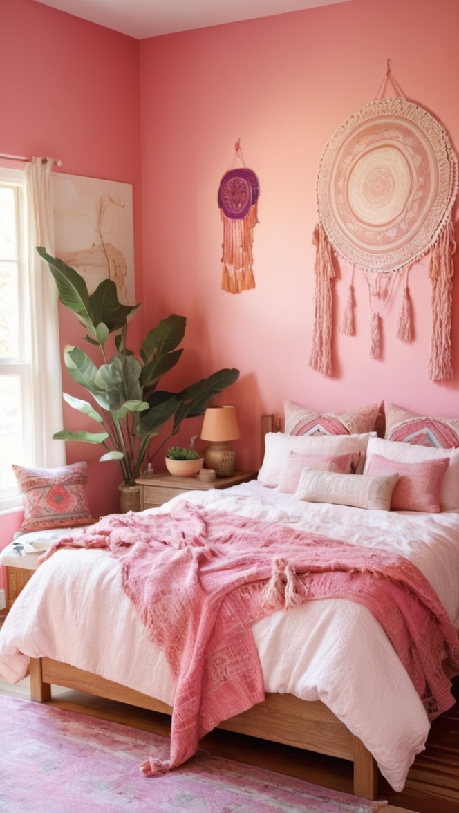 boho style bedroom, pink bedroom decor, boho chic bedding, bohemian bedroom design, pink boho throw pillows 