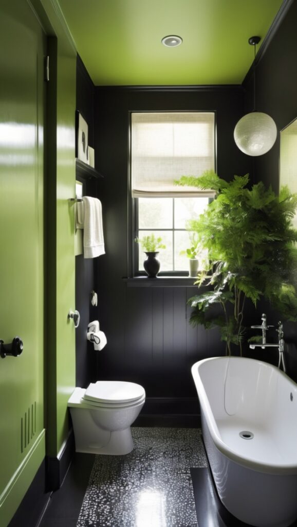 black bathroom tiles, bathroom greenery, dark green bathroom decor, black and green shower curtain, luxury green bathroom