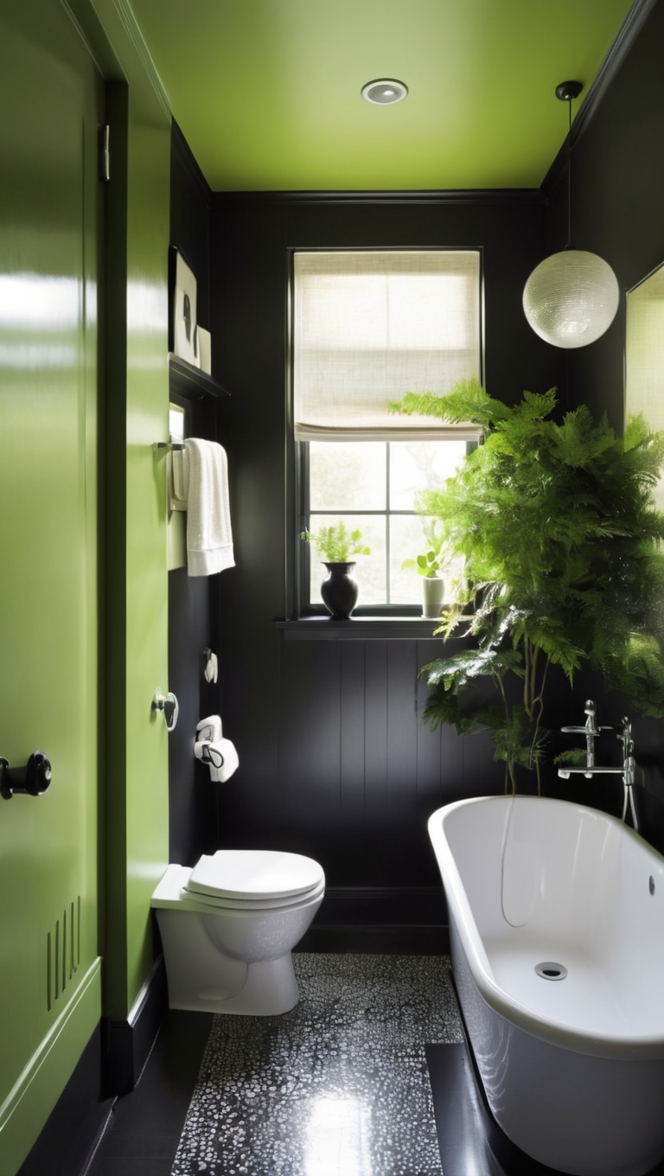 black bathroom tiles, bathroom greenery, dark green bathroom decor, black and green shower curtain, luxury green bathroom 