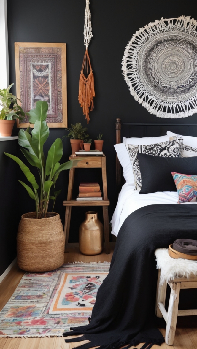 boho bedroom decor, boho bedroom furniture, boho bedroom ideas, black boho bedding, boho bedroom design 