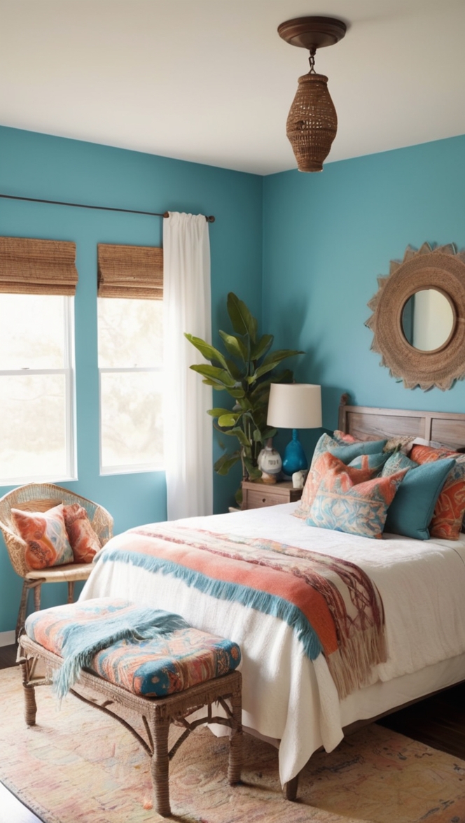 boho chic bedding, blue boho décor, boho bedroom furniture, bohemian bedroom design, modern boho bedroom