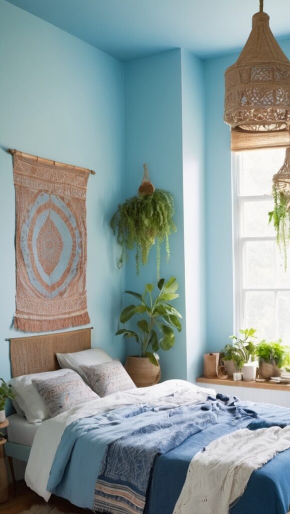 boho chic bedding, blue boho décor, boho bedroom furniture, bohemian bedroom design, modern boho bedroom