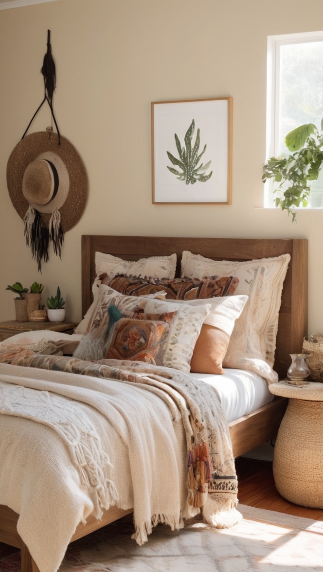 boho chic bedroom, minimalist boho decor, mystical boho room, modern witchy interior, eclectic bohemian bedroom