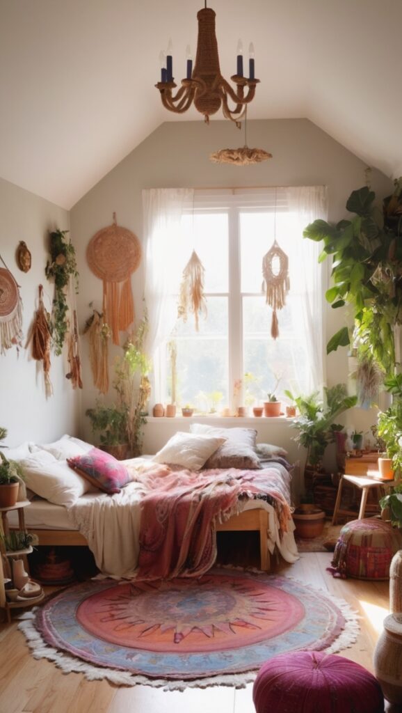 boho chic bedroom, minimalist boho decor, mystical boho room, modern witchy interior, eclectic bohemian bedroom