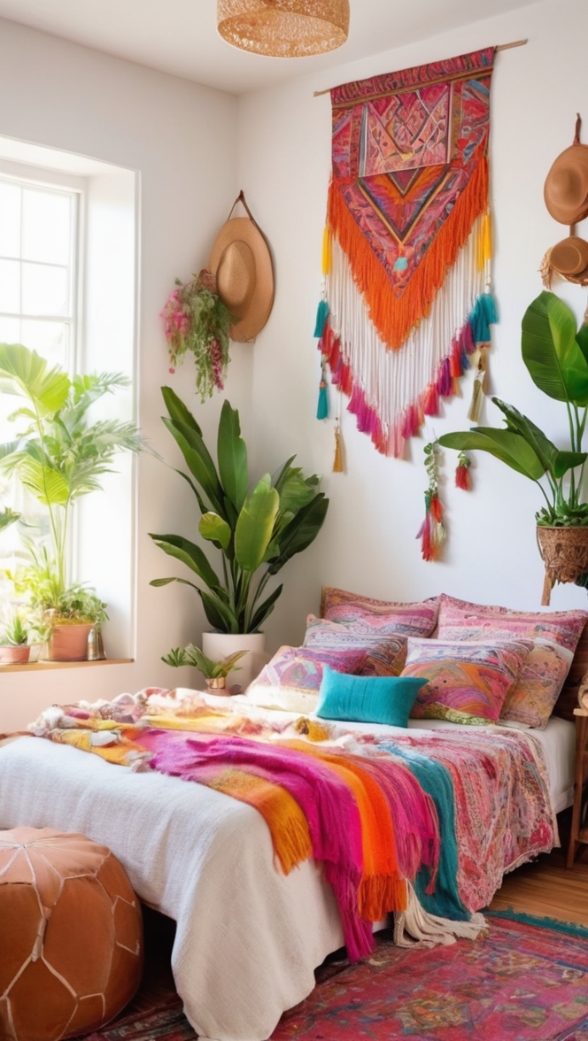 bohemian bedding, boho decor, vibrant bedroom, eclectic furniture, hippie room 