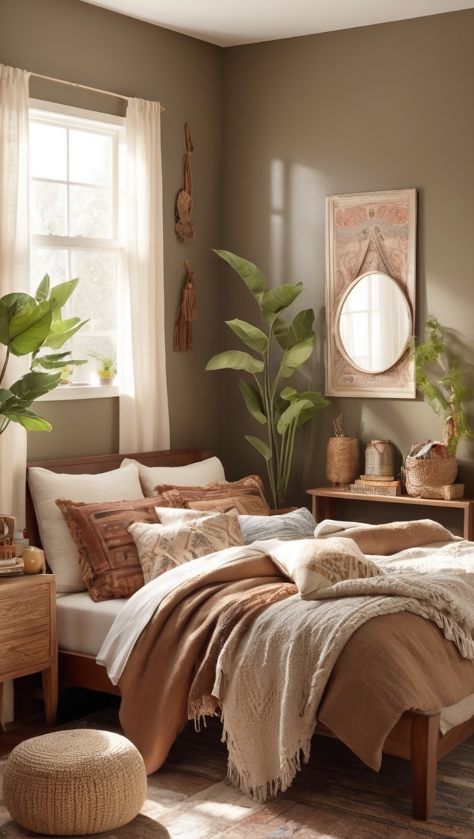 rustic bedroom decor, bohemian bedroom ideas, earthy bedroom colors, cozy bedroom furniture, boho chic bedding