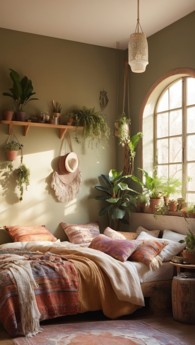 rustic bedroom decor, bohemian bedroom ideas, earthy bedroom colors, cozy bedroom furniture, boho chic bedding 