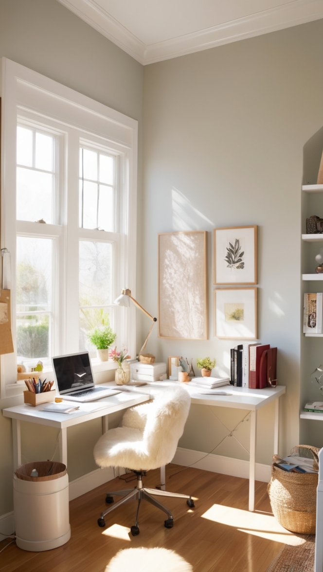 cozy home office setup, small home office design, work from home space, home office decor ideas, productive home office environment 