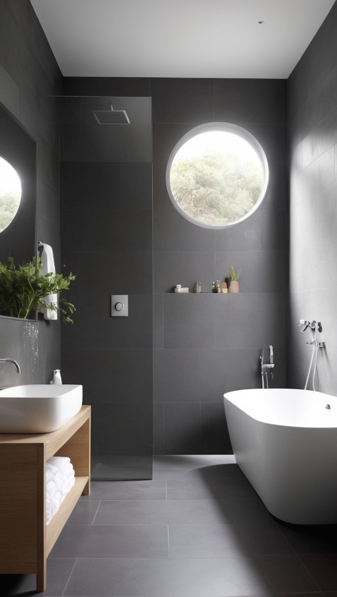 dark grey tiles, bathroom tiles, gray bathroom, tile flooring, modern tiles 