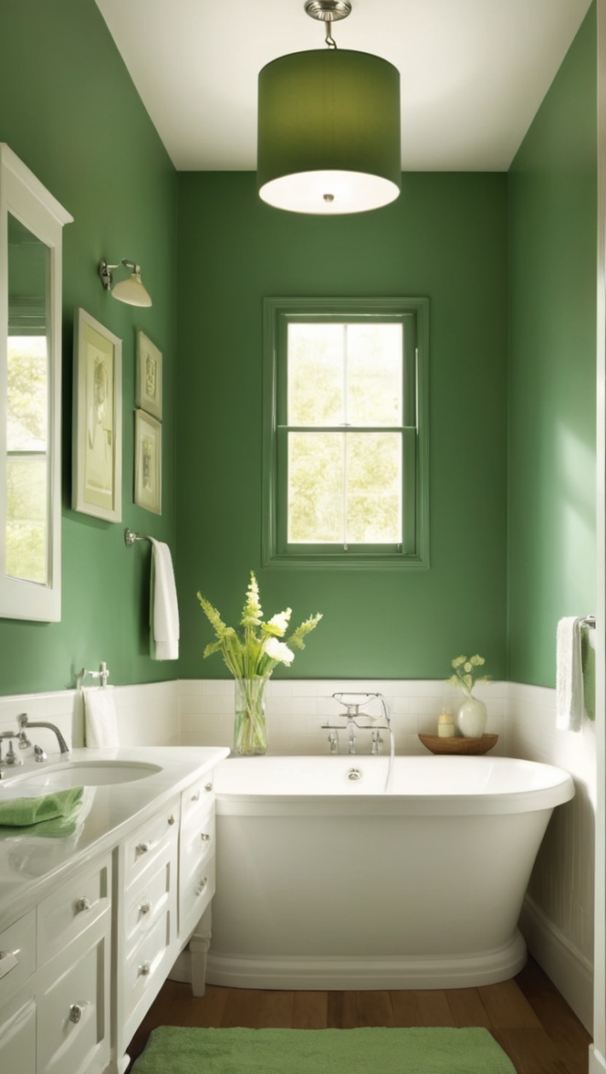 deep green bathroom decor, luxurious green bathroom design, eco-friendly bathroom tiles, green bathroom renovation ideas, sustainable bathroom products 