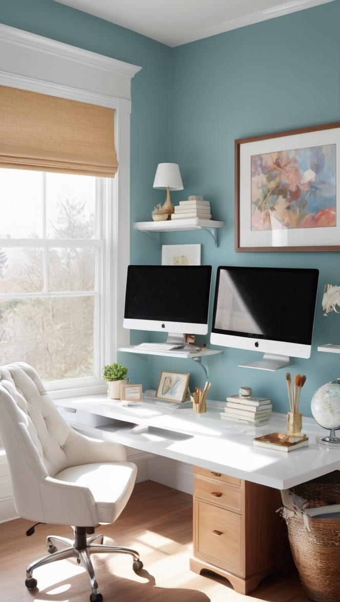 dual monitor setup, home office desk, productivity tools, workspace organization, ergonomic office chair