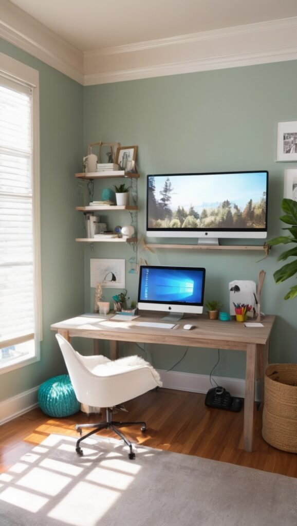dual monitor setup, home office desk, productivity tools, workspace organization, ergonomic office chair