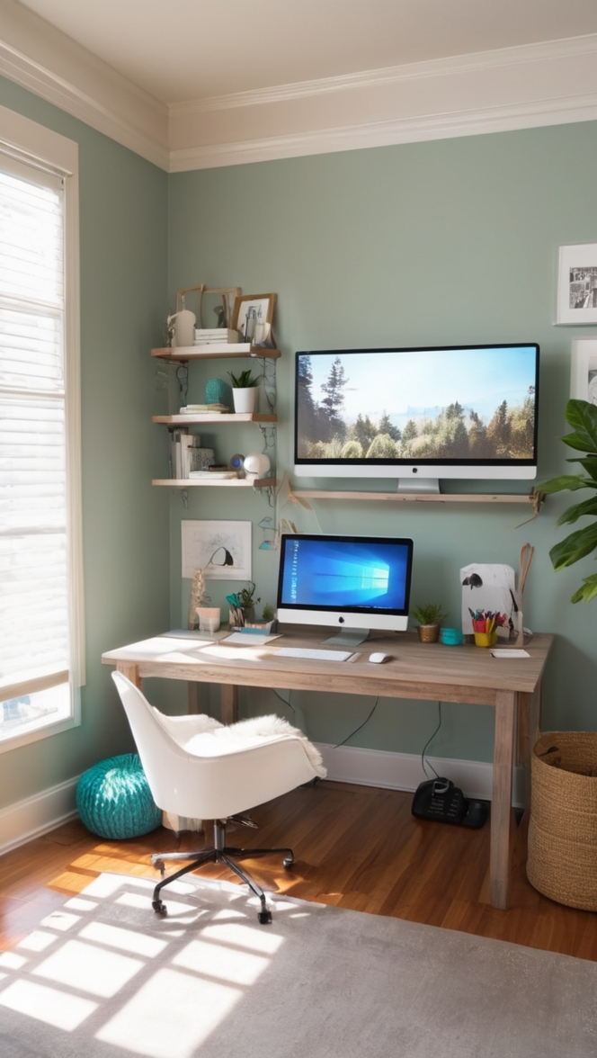 dual monitor setup, home office desk, productivity tools, workspace organization, ergonomic office chair 