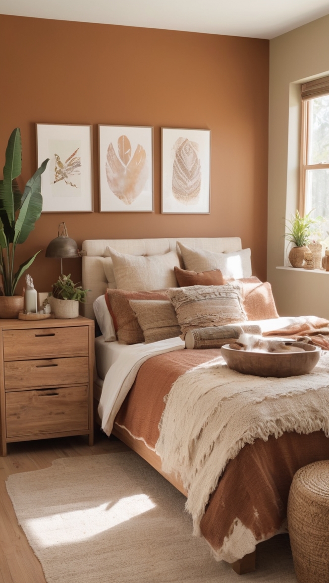boho chic decor, bohemian style bedroom, natural earth tones, organic textiles, rustic bedroom design