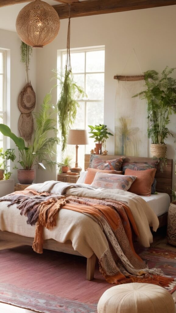 boho chic decor, bohemian style bedroom, natural earth tones, organic textiles, rustic bedroom design