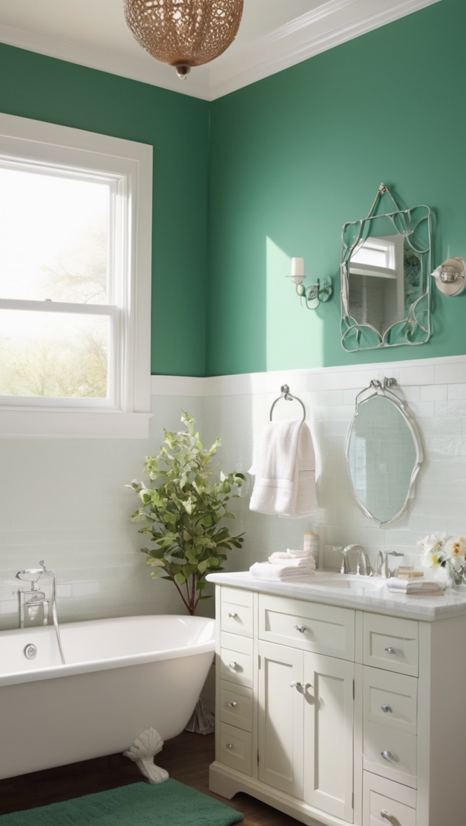 emerald green tiles, emerald green paint, emerald green decor, emerald green accessories, emerald green shower curtain